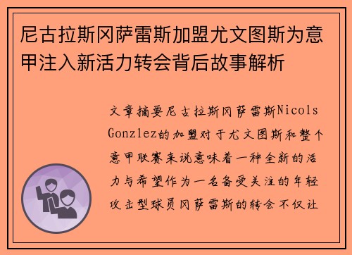 尼古拉斯冈萨雷斯加盟尤文图斯为意甲注入新活力转会背后故事解析 尼古拉斯冈萨雷斯加盟尤文图斯为意甲注入新活力转会背后故事解析